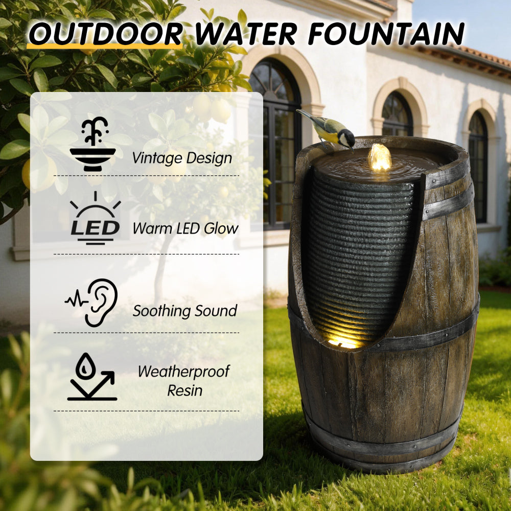Rustic Barrel Outdoor Water Fountain with LED Lights | Resin Farmhouse Waterfall Fountain for Patio, Porch & Yard