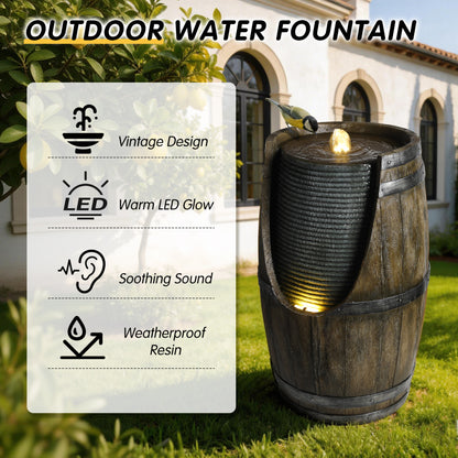 Rustic Barrel Outdoor Water Fountain with LED Lights | Resin Farmhouse Waterfall Fountain for Patio, Porch & Yard