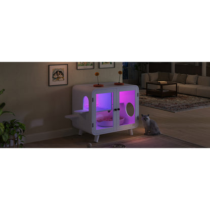 Hidden Cat Litter Box Cabinet – RGB LED, Glass Doors, Litter Walkway & Pom-Pom Toys, White