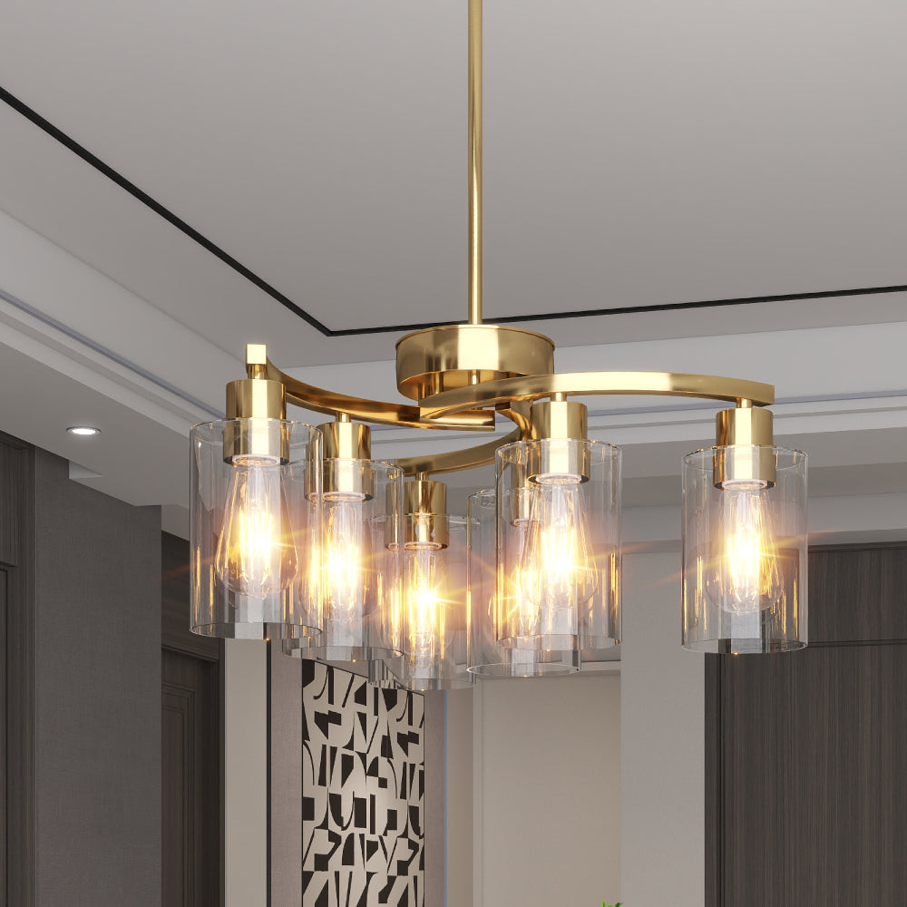 Gold 6-light modern farmhouse chandelier with clear glass shades, adjustable height, dimmable, for dining room or kitchen island.