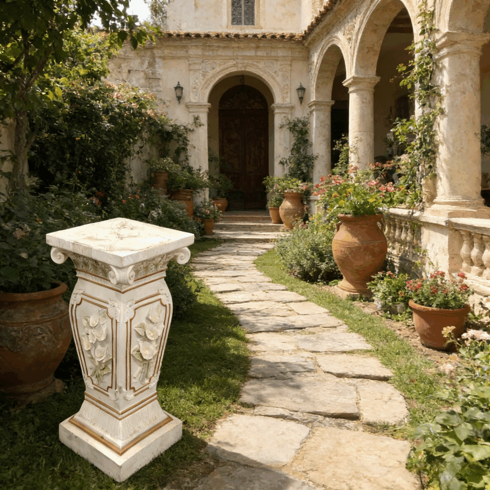 22" European Floral Roman Column Pedestal | Resin Carved Ionic Pillar Display Stand — Indoor & Outdoor Garden & Home Decor