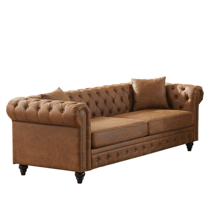 85.5" Chesterfield Sofa 3-Seater | Tech Fabric with Button Tufting, Rolled Arms & Wood Legs — Brown / Black