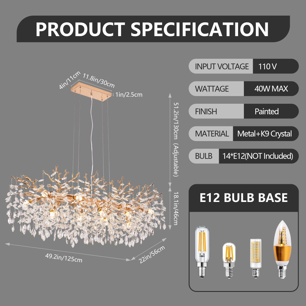 Product specification sheet for gold tree branch crystal chandelier, showing dimensions, materials, and technical details