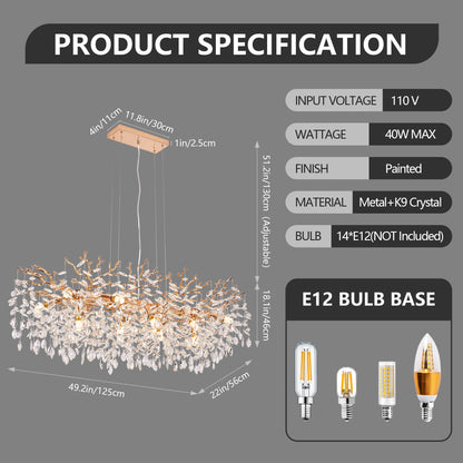Product specification sheet for gold tree branch crystal chandelier, showing dimensions, materials, and technical details