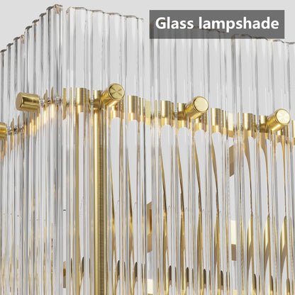 Close-up of Water Ripple Crystal Glass Chandelier with gold metal accents and corrugated glass panels.