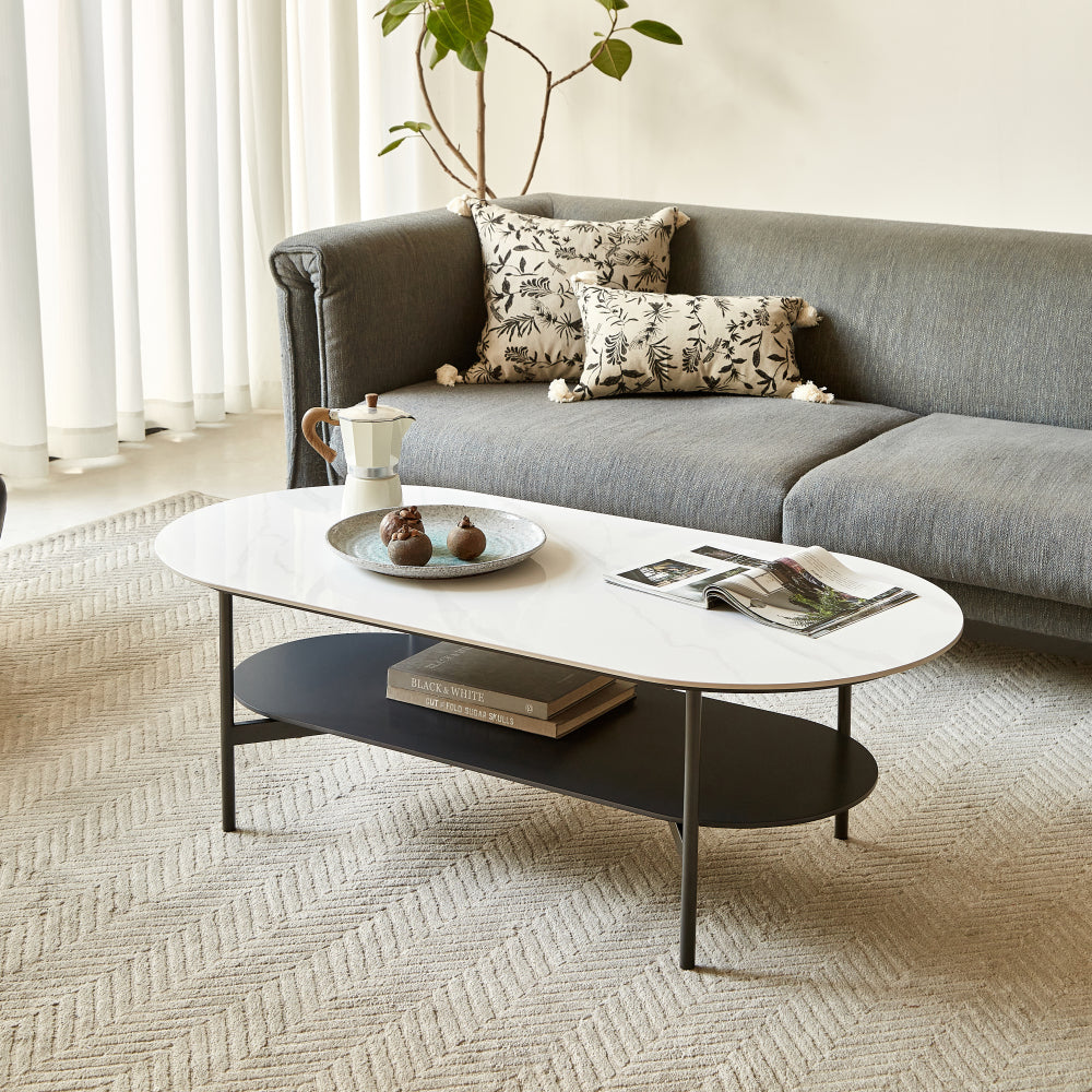 Ceramic Sintered Stone Coffee Table with Walnut Shelf | 47" Double-Layer Living Room Center Table — White & Coffee Brown