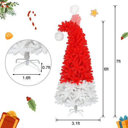 6 FT Santa Hat Shaped Christmas Tree | Pre-Lit Whimsical Curved Xmas Tree with 300 Cool White LEDs & 1050 PET Tips — Red & White