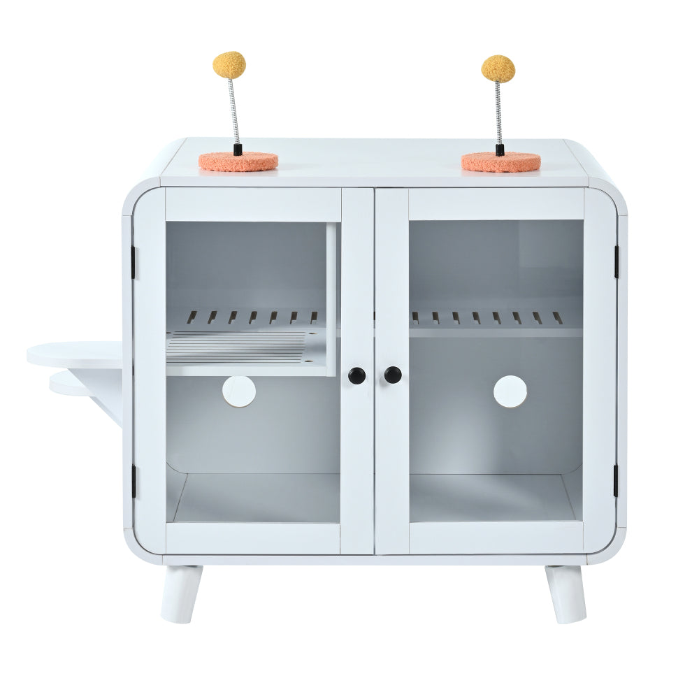 Hidden Cat Litter Box Cabinet – RGB LED, Glass Doors, Litter Walkway & Pom-Pom Toys, White