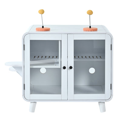 Hidden Cat Litter Box Cabinet – RGB LED, Glass Doors, Litter Walkway & Pom-Pom Toys, White