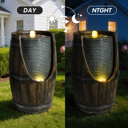 Rustic Barrel Outdoor Water Fountain with LED Lights | Resin Farmhouse Waterfall Fountain for Patio, Porch & Yard