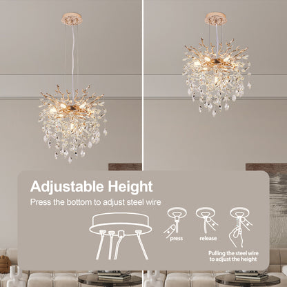 Gold tree branch crystal chandelier displayed in two height settings with adjustable steel wire, set in a neutral-toned living space.