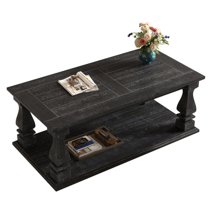 Farmhouse Coffee Table with Storage Shelf 47" Rustic Solid Wood Planked Top & Square Baluster Legs