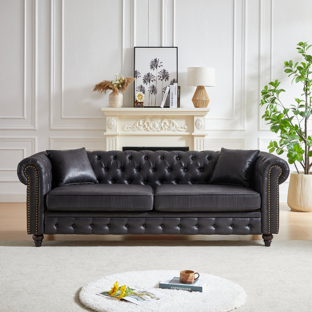 85.5" Chesterfield Sofa 3-Seater | Tech Fabric with Button Tufting, Rolled Arms & Wood Legs — Brown / Black