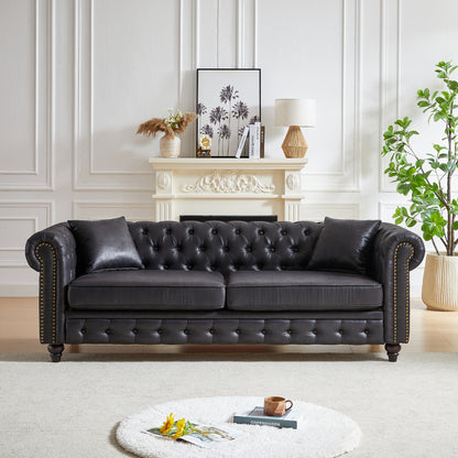 85.5" Chesterfield Sofa 3-Seater | Tech Fabric with Button Tufting, Rolled Arms & Wood Legs — Brown / Black
