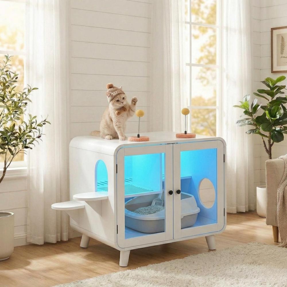 Hidden Cat Litter Box Cabinet – RGB LED, Glass Doors, Litter Walkway & Pom-Pom Toys, White