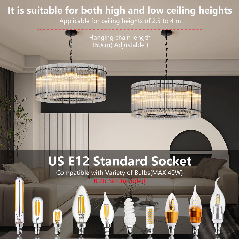 Two modern round crystal glass chandeliers with warm light, displayed in a living room with a beige sofa and dark accent walls; includes bulb compatibility details.