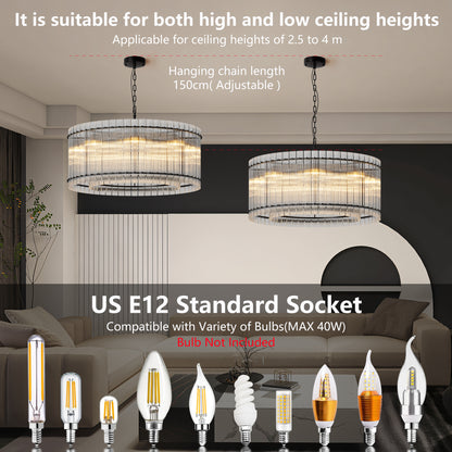Two modern round crystal glass chandeliers with warm light, displayed in a living room with a beige sofa and dark accent walls; includes bulb compatibility details.