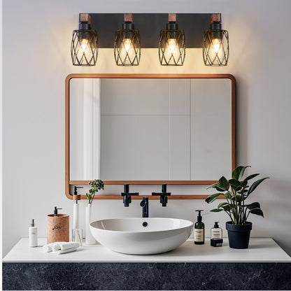 4-light industrial black metal cage wall sconce with wood accents, mounted above bathroom sink with warm ambient light.