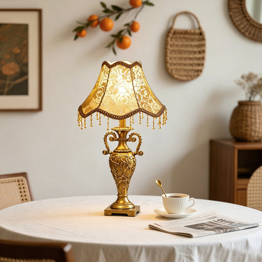 Antique Brass Table Lamp – Floral Fabric Drum Shade, Classic Bedside Night Light Vistaro Home