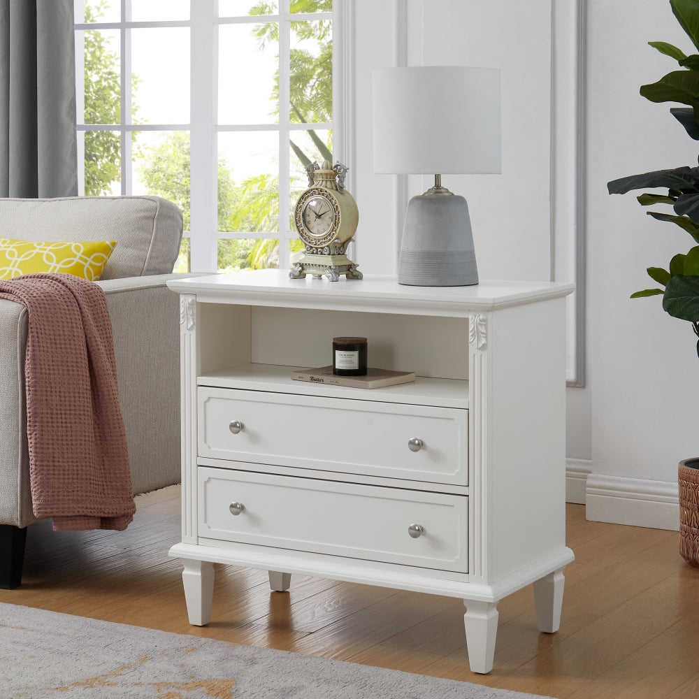 Farmhouse Nightstand with Charging Station | 2 Drawers & Open Shelf | Fluted Side Table with Solid Wood Legs