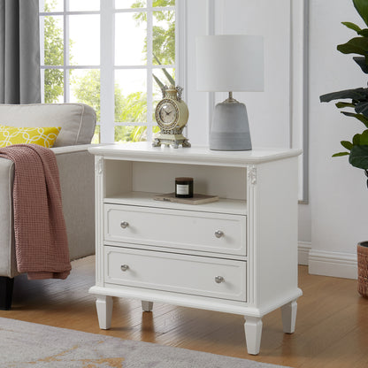 Farmhouse Nightstand with Charging Station | 2 Drawers & Open Shelf | Fluted Side Table with Solid Wood Legs