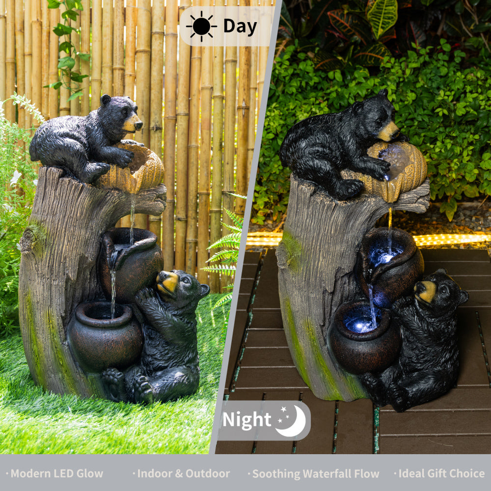 Bear Outdoor Water Fountain with LED Lights | 23.62" Cascading Garden Fountain with Climbing Bear Design — Patio, Yard & Balcony