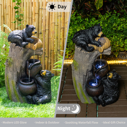 Bear Outdoor Water Fountain with LED Lights | 23.62" Cascading Garden Fountain with Climbing Bear Design — Patio, Yard & Balcony