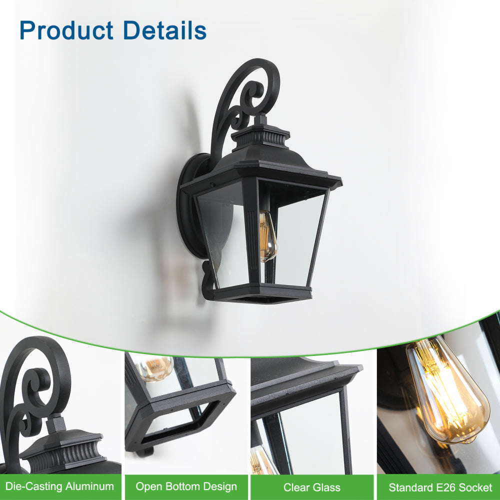Vintage Black Outdoor Wall Lantern – 21" Farmhouse Sconce with Clear Glass & Scroll Detail