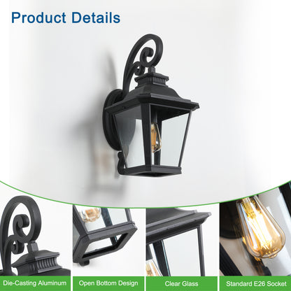 Vintage Black Outdoor Wall Lantern – 21" Farmhouse Sconce with Clear Glass & Scroll Detail