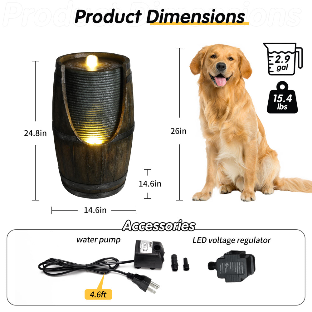 Rustic Barrel Outdoor Water Fountain with LED Lights | Resin Farmhouse Waterfall Fountain for Patio, Porch & Yard