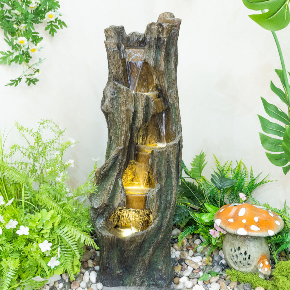 Tree Design Waterfall Outdoor Fountain with LED Lights | Freestanding Fiberglass Resin Garden Fountain for Patio, Backyard & Lawn