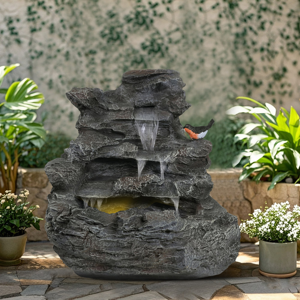 4-Tier Concrete Rock Waterfall Fountain with LED Lights | 20.8" Outdoor Garden Fountain with Adjustable Flow