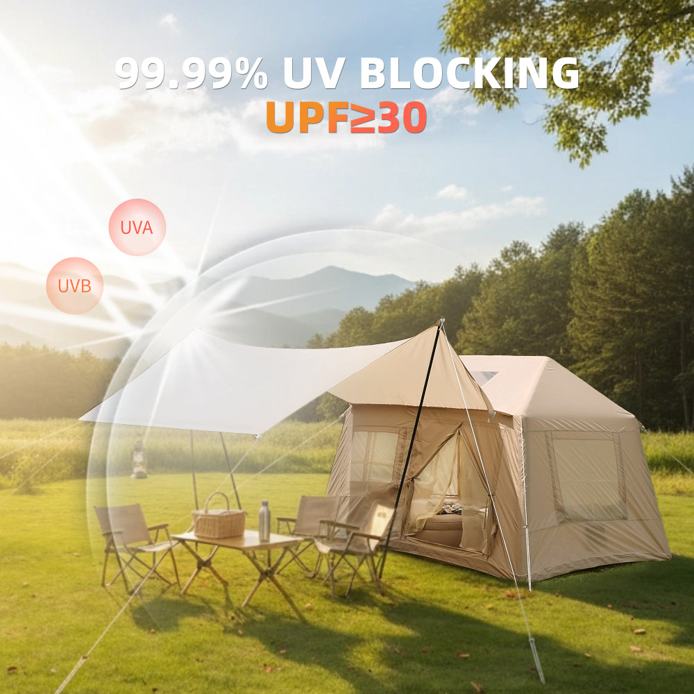 Inflatable Glamping Tent with Detachable Canopy & Skylight | 4-Season Waterproof Cotton Air Tent with Mesh Windows & Pump — 4 Person