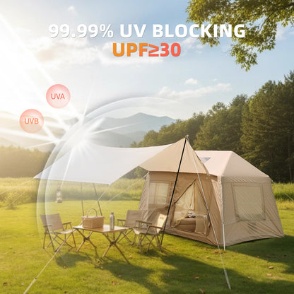 Inflatable Glamping Tent with Detachable Canopy & Skylight | 4-Season Waterproof Cotton Air Tent with Mesh Windows & Pump — 4 Person
