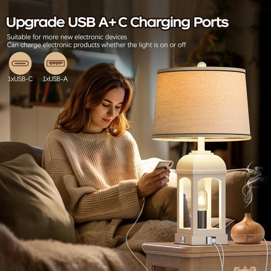 Rustic Farmhouse Table Lamps Set of 2 β USB A+C, Built-in Nightlight, 3-Way Dimmable Touch Lamp Vistaro Home