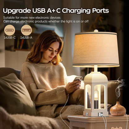 Rustic Farmhouse Table Lamps Set of 2 – USB A+C, Built-in Nightlight, 3-Way Dimmable Touch Lamp