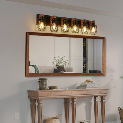Industrial black metal cage wall sconce with wood accents, 6-light, 38-inch vintage fixture above mirror in hallway.