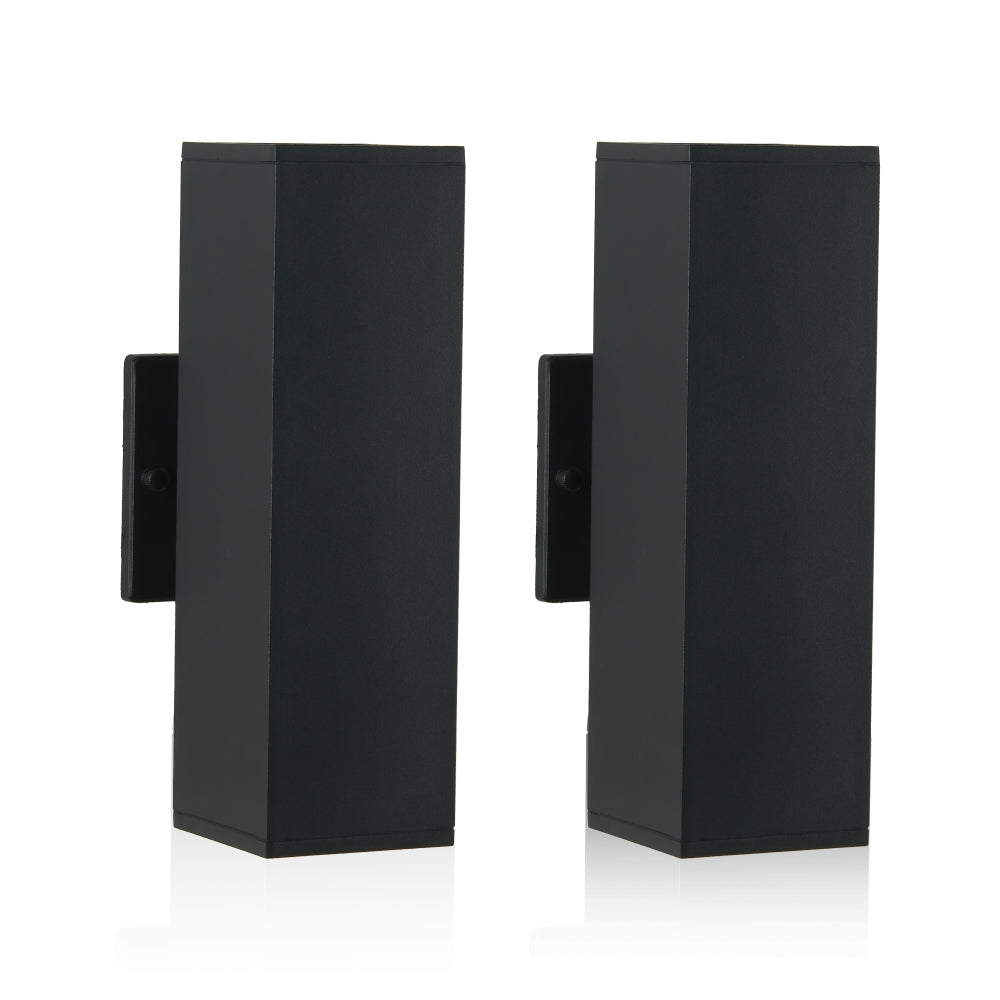 Two modern black rectangular outdoor wall sconces with up and down lighting, designed for porch, patio, and garage.