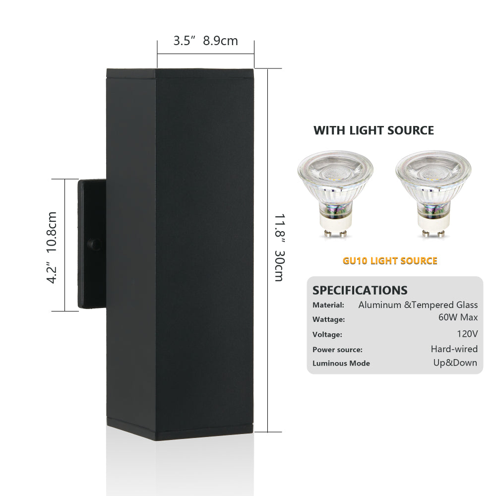 Modern black outdoor wall sconce with dimensions 11.8" x 3.5" x 4.2", made of aluminum and tempered glass, featuring GU10 light source for up and down lighting.