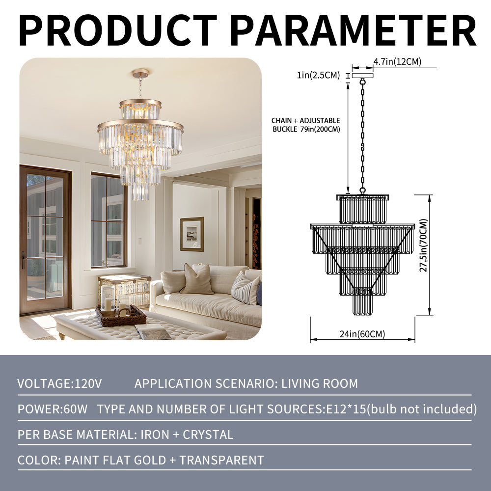 23.6-inch 5-tier K9 crystal chandelier with 15 lights, gold frame, installed in a bright living room with large windows, featuring iron and crystal materials, 120V voltage, and 60W power.