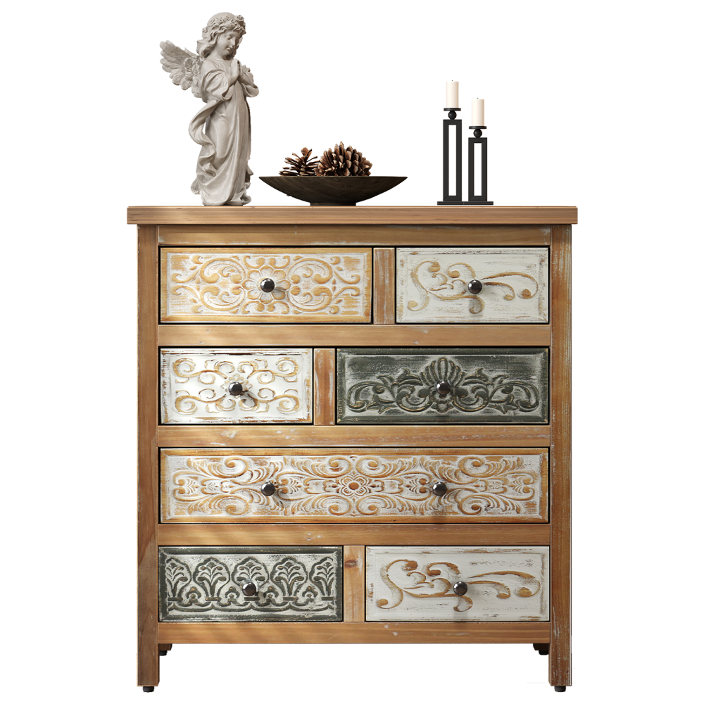 Rustic Farmhouse 6-Drawer Accent Chest – Multicolor Carved Wood, Bedroom & Living Room