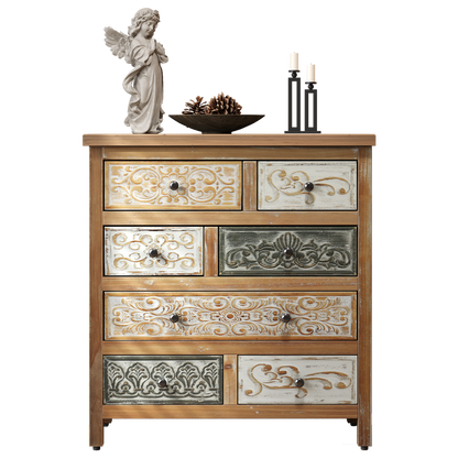 Rustic Farmhouse 6-Drawer Accent Chest – Multicolor Carved Wood, Bedroom & Living Room