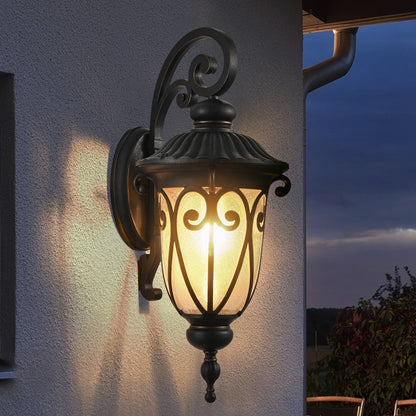 23-inch black vintage outdoor wall lantern with bubble glass, weatherproof design, mounted on a wall, illuminating porch or entryway.