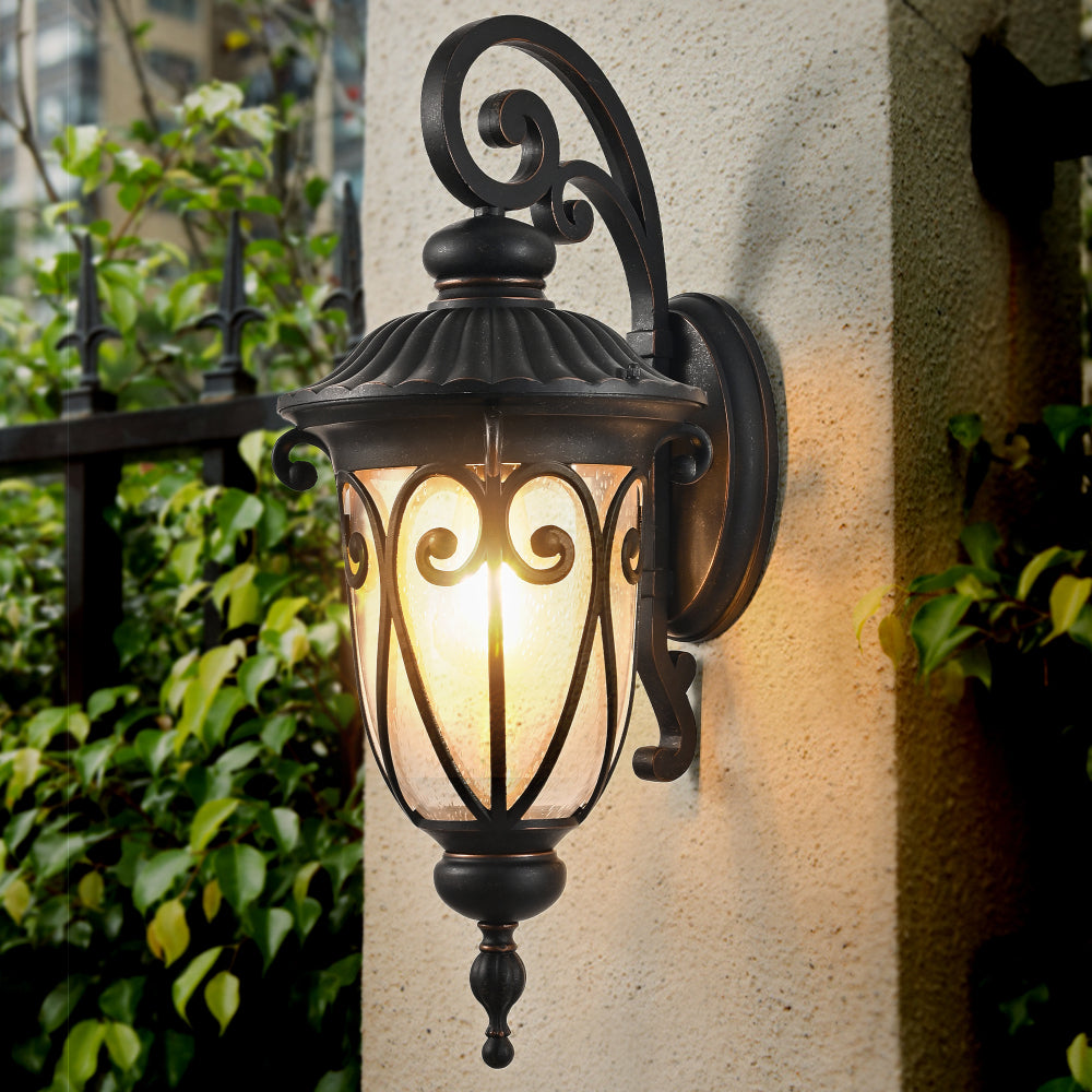 23" Outdoor Wall Lantern, Black Vintage Wall Sconce with Bubble Glass, Weatherproof Exterior Light Fixture for Porch, Patio & Entryway