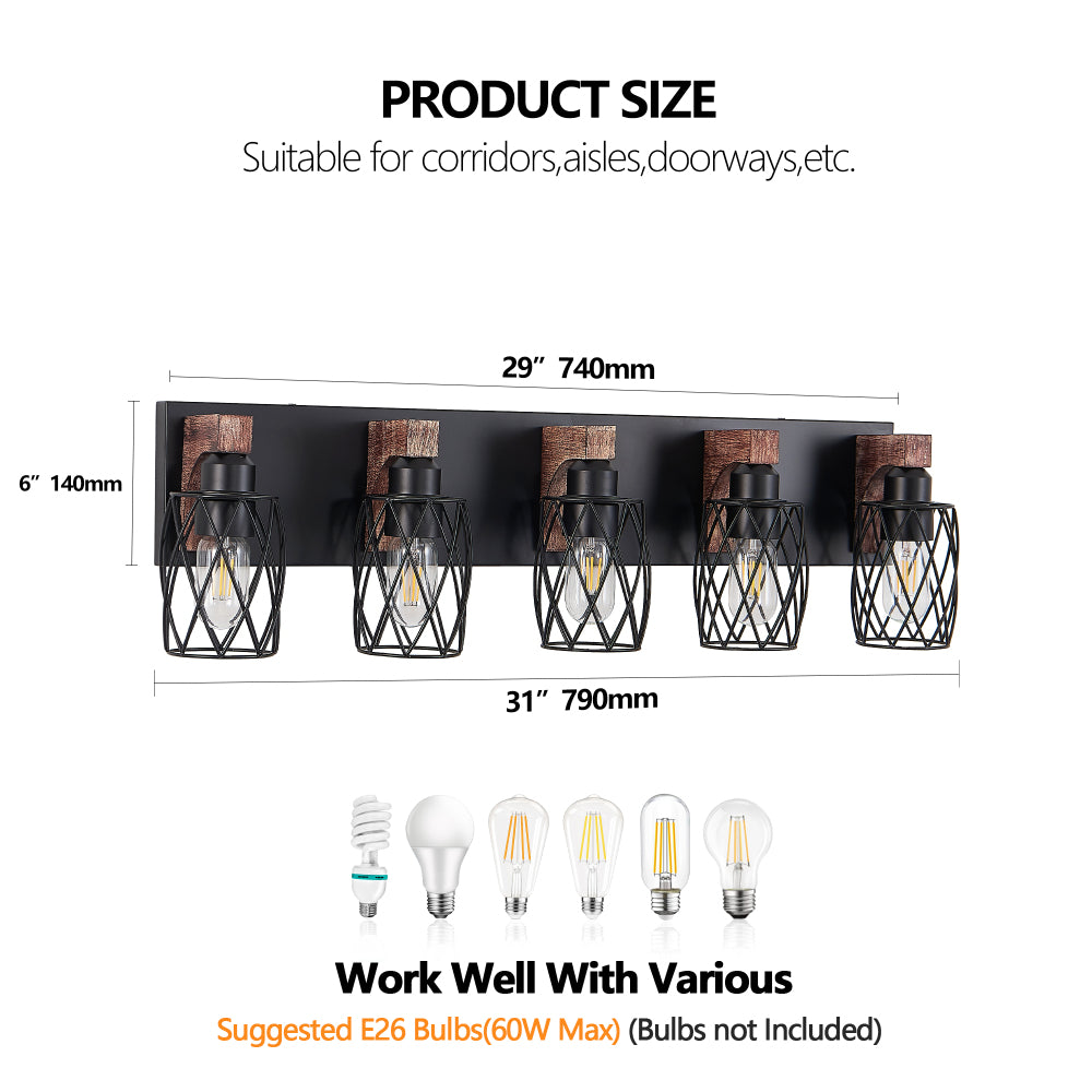 5-light industrial black metal cage wall sconce with wood accents, 29 inches long, 6 inches high, suitable for corridors and doorways.