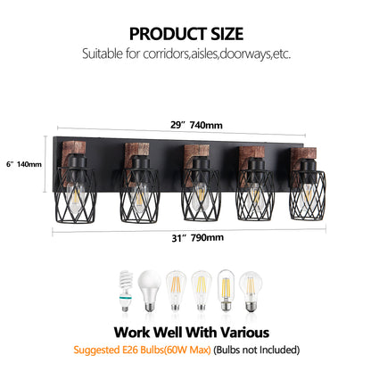 5-light industrial black metal cage wall sconce with wood accents, 29 inches long, 6 inches high, suitable for corridors and doorways.