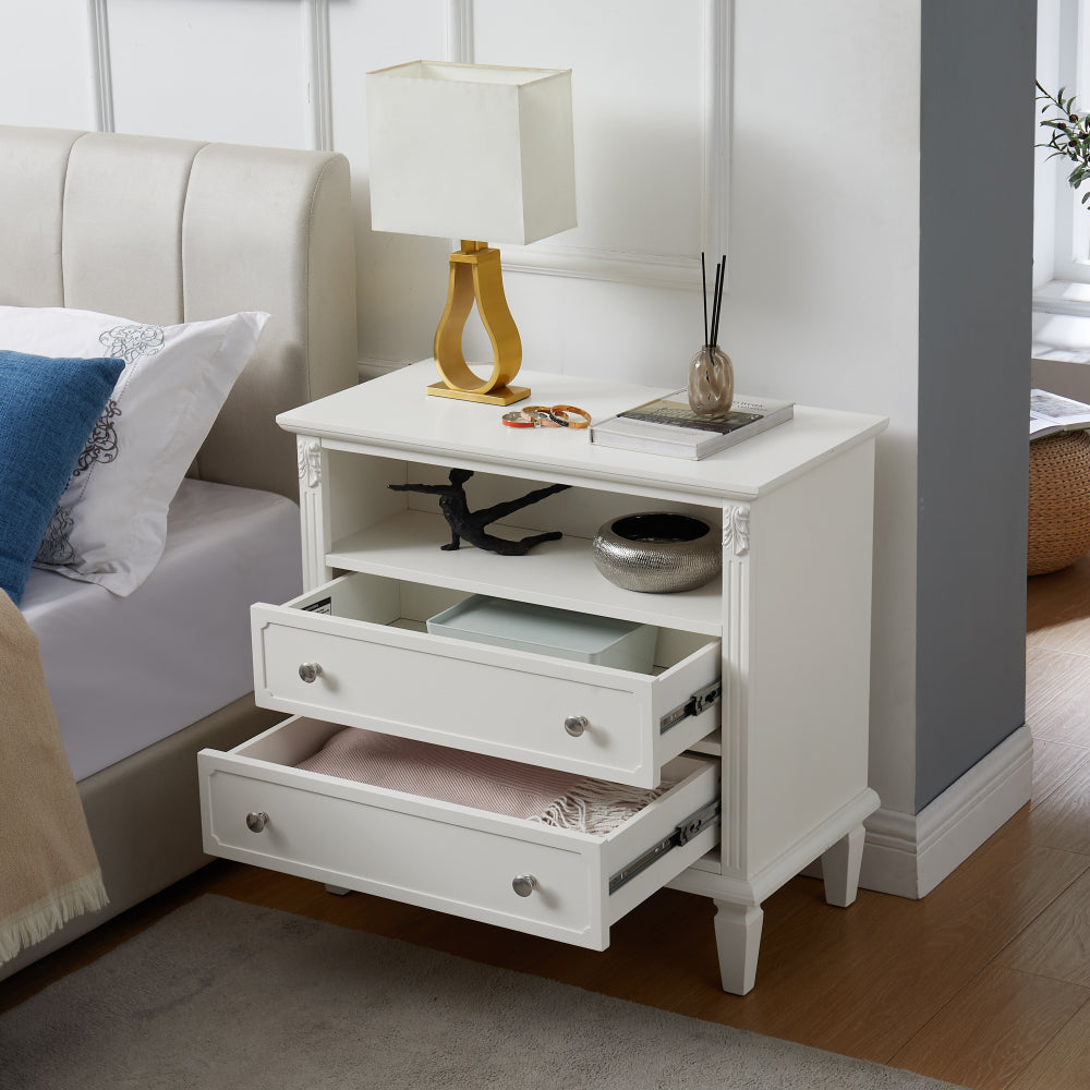 Farmhouse Nightstand with Charging Station | 2 Drawers & Open Shelf | Fluted Side Table with Solid Wood Legs