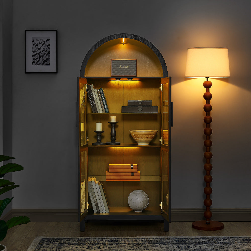 High-Arched Storage Cabinet with LED Light Modern Retro Wood Glass Display Cabinet with Adjustable Shelves Black