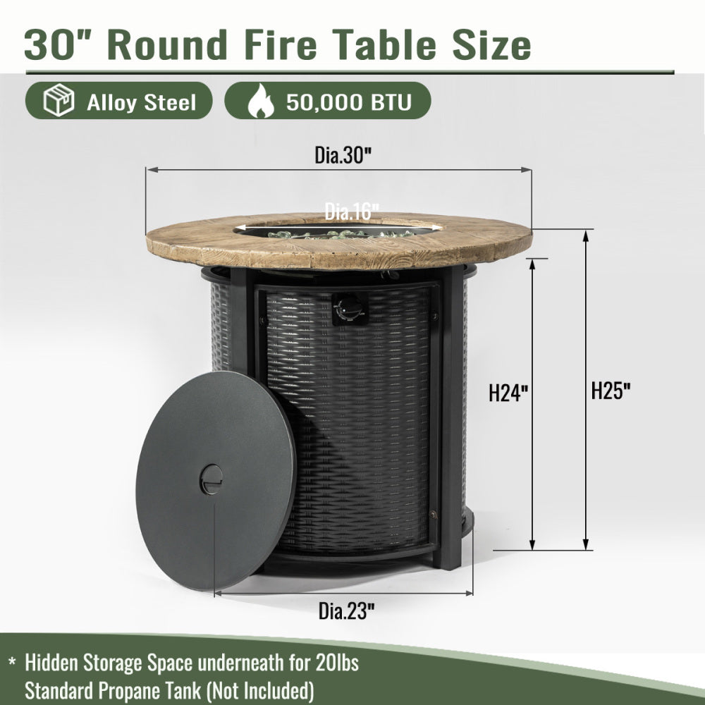 30" Propane Fire Pit Table | 50,000 BTU Round Steel Fire Pit with Wood-Grain Finish & Glass Stones