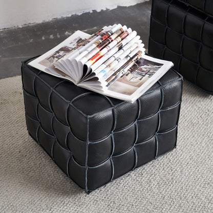 Black Genuine Leather Tufted Ottoman – 17" Square Footstool, Multi-Use, Solid Wood Base
